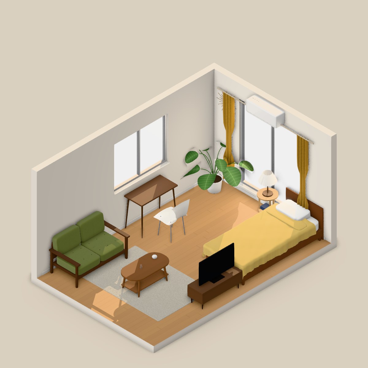 1K 8畳(角部屋の窓ぎわデスクと木の肘のソファ) の 3D